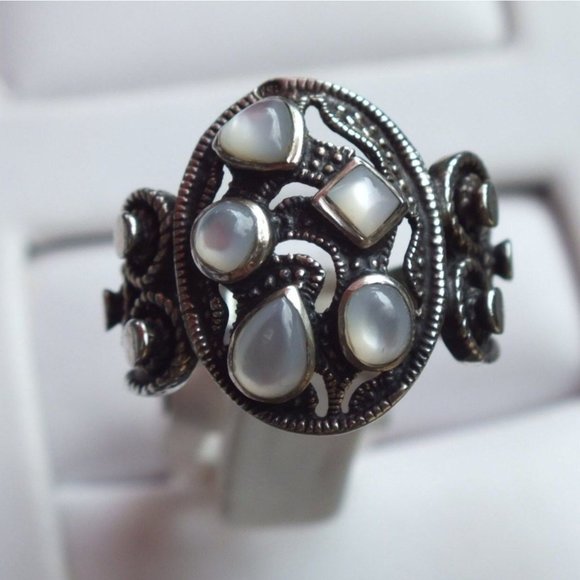 Sterling Silver Moonstone Cluster Statement Ring, Size 7, Unique Split Band - Picture 5 of 9